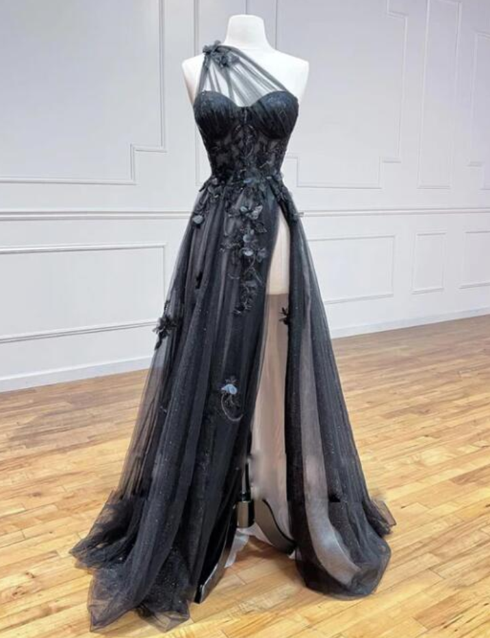 Prom Dresses, Black Lace Floral Long Prom Dresses, One Shoulder Black Lace Formal Evening Dresses