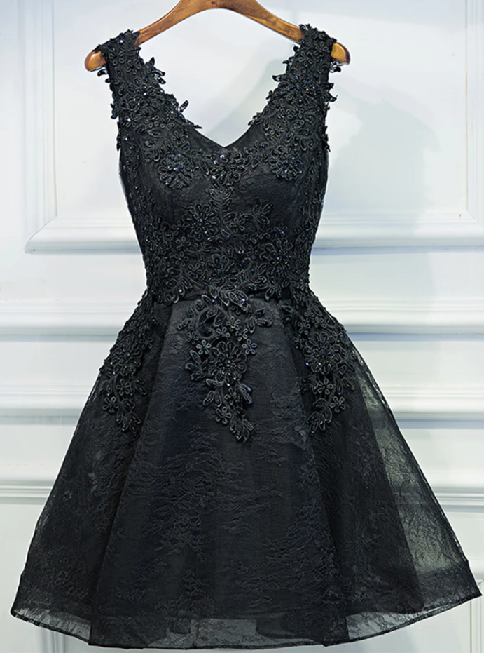 Homecoming Dresses,a Line V Neck Short Black Lace Prom Dresses, Black Short Formal Dresses