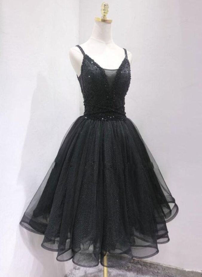 Homecoming Dresses, Black Tulle And Beaded Knee Length Straps Homecoming Dress, Black Short Prom Dresses