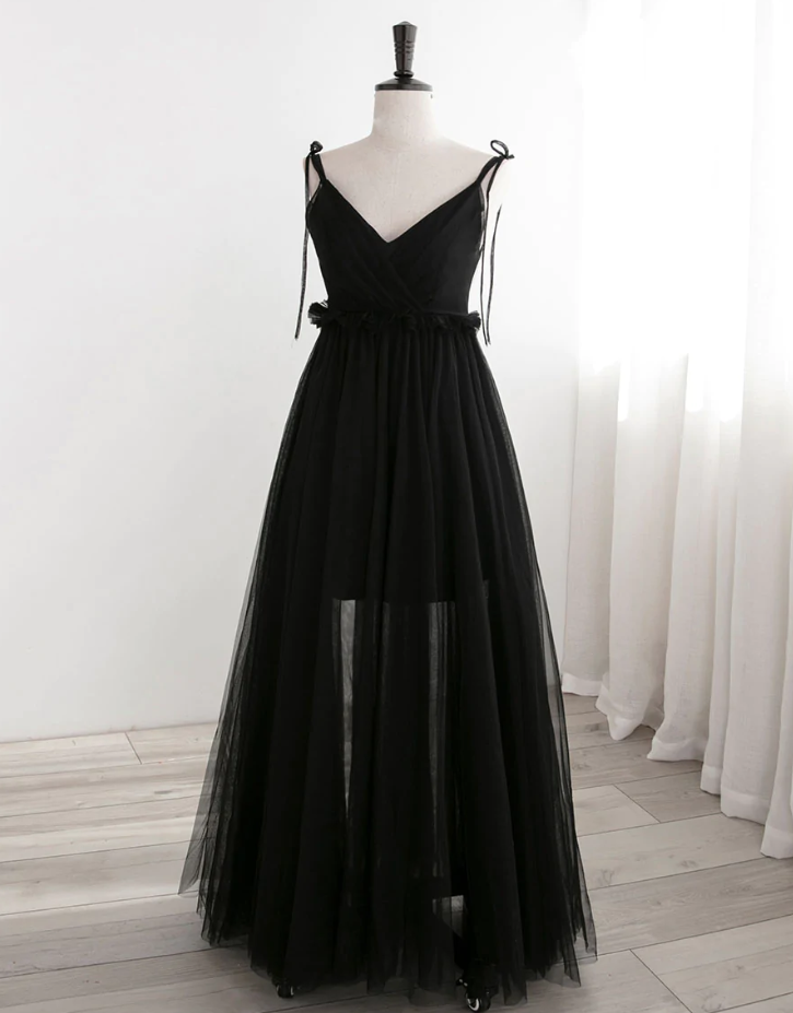 Prom Dresses, Spaghetti Strap A-line Prom Dresses,black Tulle Long Prom Dresses, Black Sexy Evening Dresses