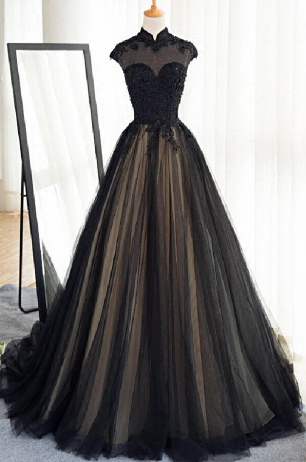 Prom Dresses,black Tulle Cap Sleeves Floor-length Long Prom Dresses,luxury Dresses