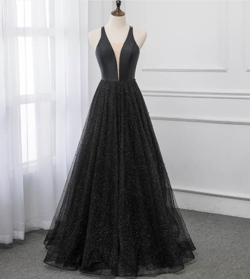 Prom Dresses, Sexy Black Deep V Neck Long Prom Dresses Backless Tulle Formal Party Dress