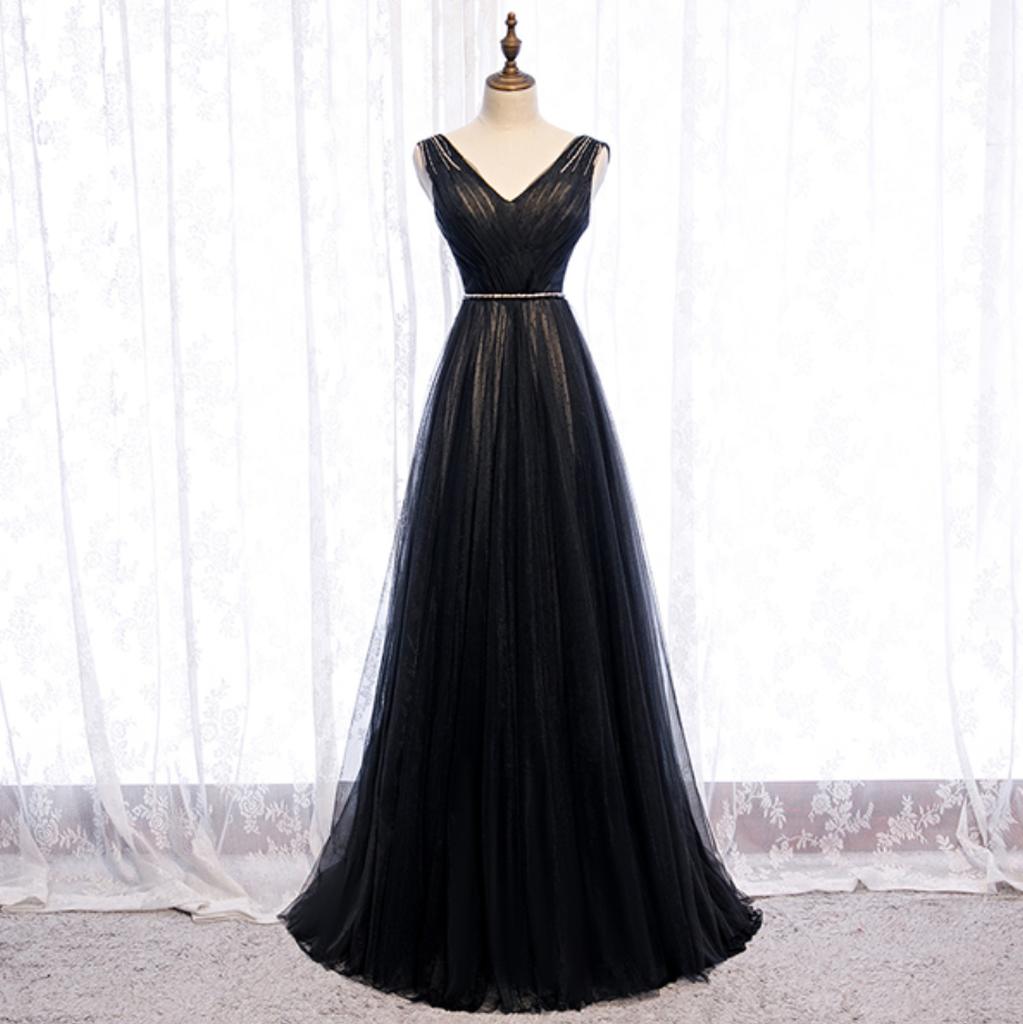 Prom Dresses, Black V Neck Tulle Long Prom Dress Formal Dresses