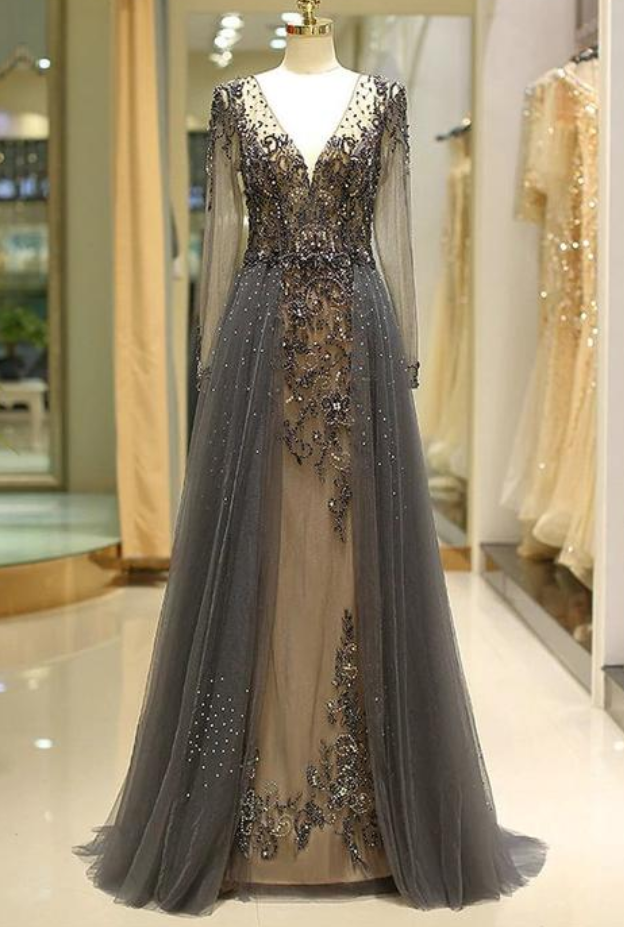 Prom Dresses, Black Prom Dresses Beaded Crystals A Line Deep V Neck Elegant Modest Elegant Prom Gowns