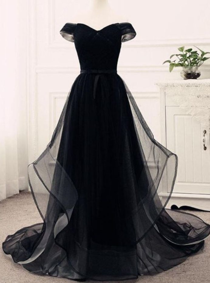 Prom Dresses, Black Prom Dress Tulle Party Dress Sweetheart Neck Off Shoulder Customize Long Ruffles Dresses