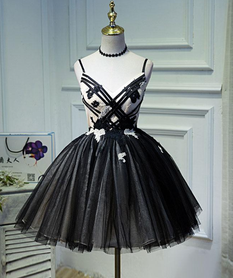 Homecoming Dresses, Unique Backless Spaghetti Strap Black Tulle Short Prom Dresses
