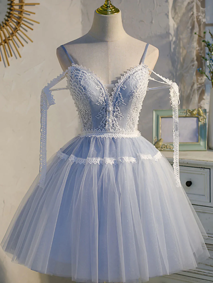 Homecoming Dresses, Short Blue Lace Prom Dresses, Short Blue Lace Formal Homecoming Dresses