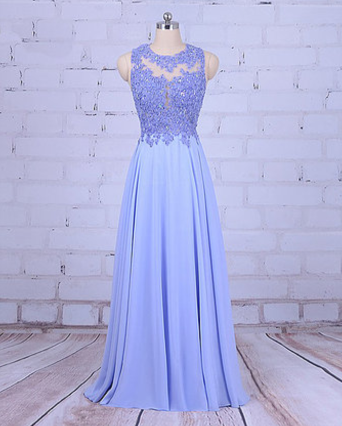 Prom Dresses, Blue Chiffon, Open Back,long Sweet 16 Prom Dress, Blue Beaded Evening Dresses