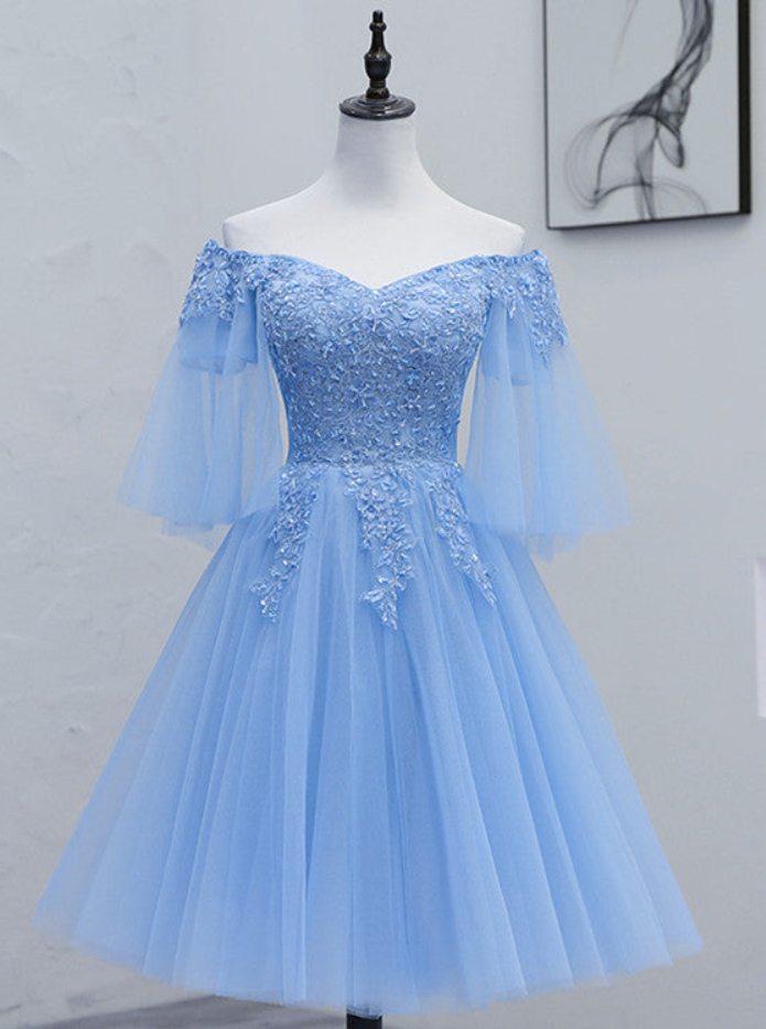Homecoming Dresses,homecoming Dresses,lovely Light Blue With Lace Off Shoulder Short Prom Dress, Blue Homecoming Dresses