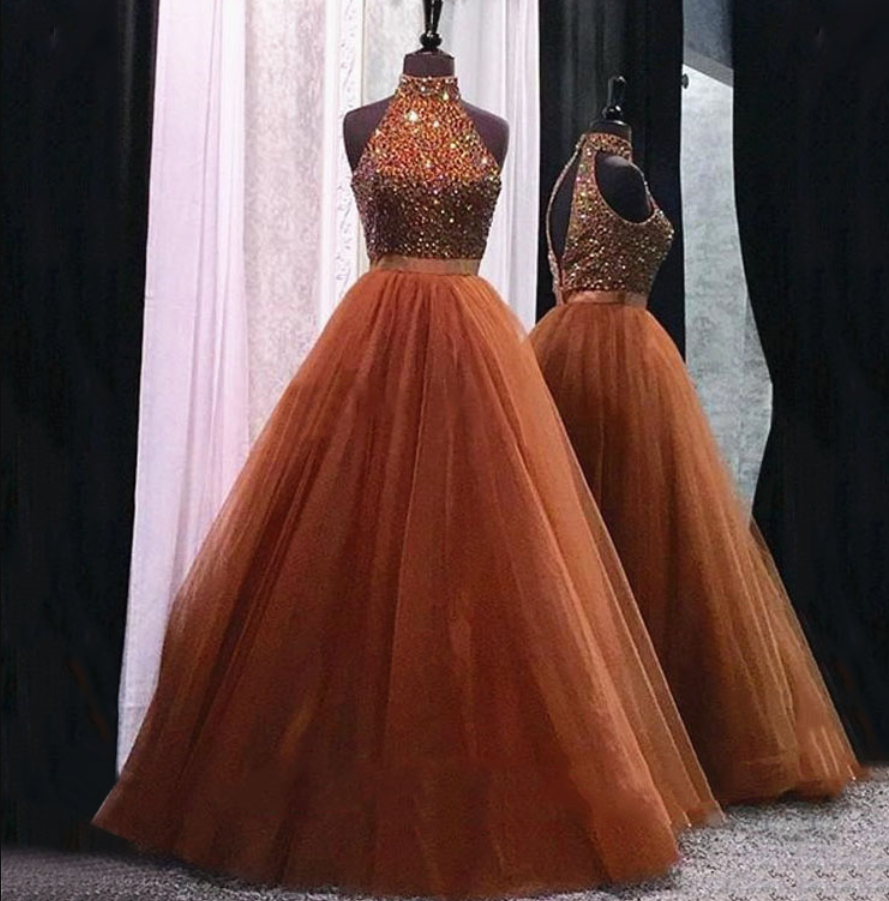Prom Dresses,high Neck Ball Gown Prom Dress With A Keyhole Back, With Glittering Beads