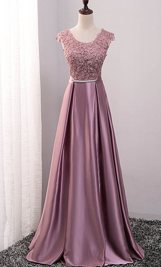 Prom Dresses,v Neck Lace Applique Backless Party Gowns A Line Satin Pink Long Dresses