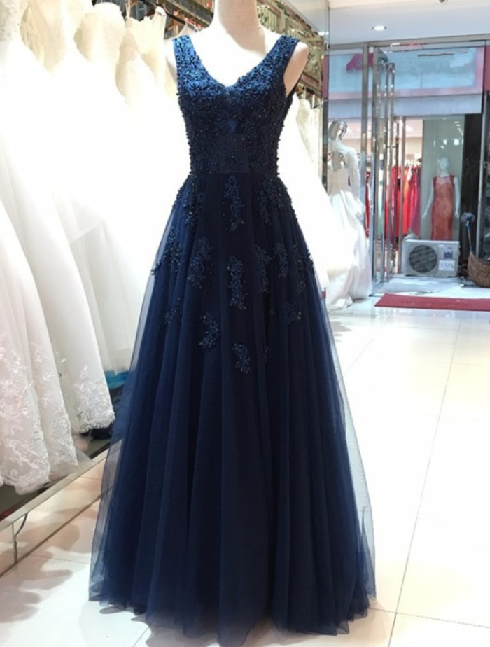 Prom Dresses,a Line Navy Blue Tulle Long Prom Dress With Pearls Sexy Backless Lace Evening Prom Gowns Pageant Party Gowns
