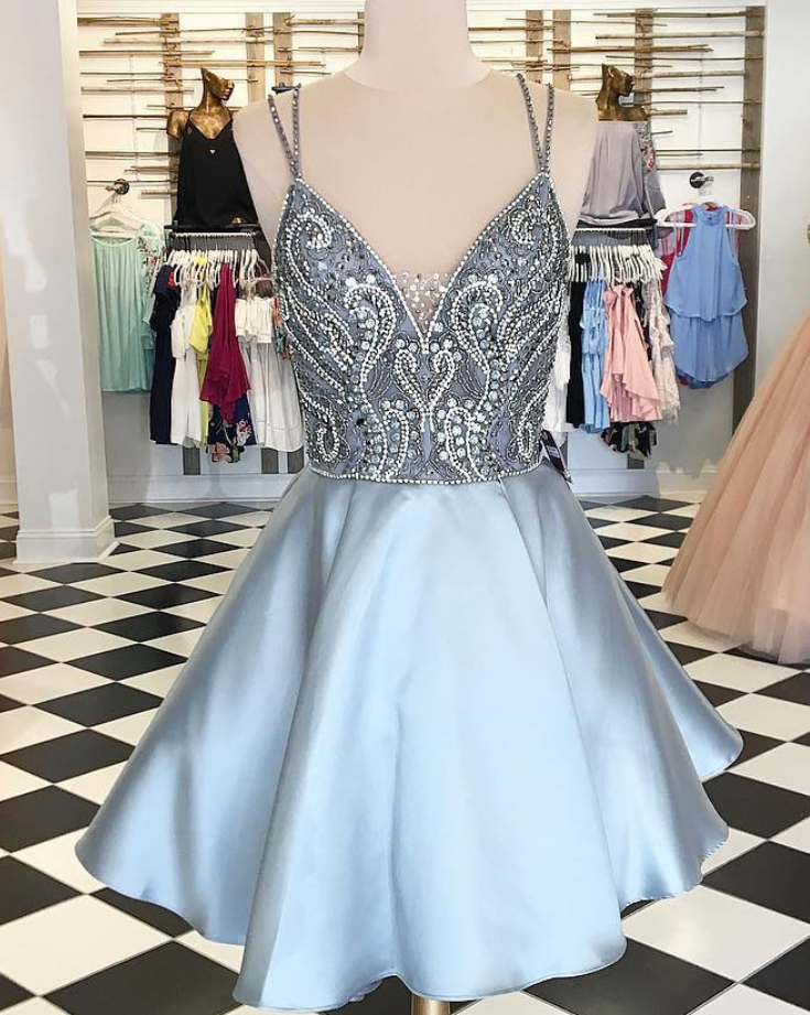 Homecoming Dresses,spaghetti Straps Short A Line Prom Dresses, Silver Backless Sexy Homecoming Gowns