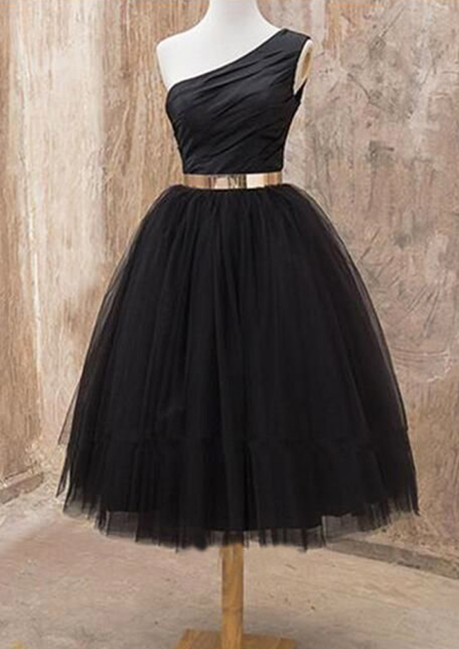 Homecoming Dresses,cute A-line One Shoulder Black Tulle Short Dress With Metallic Belt