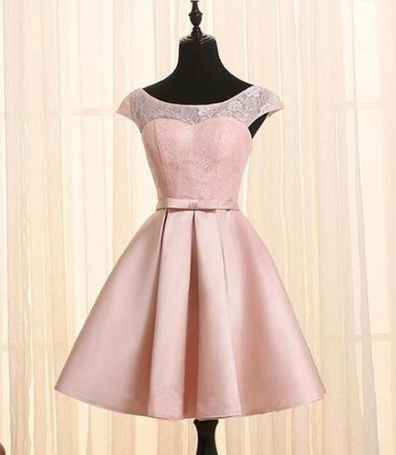 Homecoming Dresses,pink Homecoming Dresses, Satin And Lace Lovely Dress With Belt, Cute Party Dresses