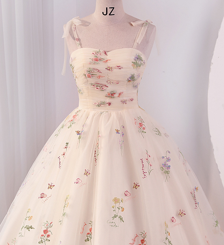 Fairy A Line Spaghetti Straps Layered Floral Satin Long Prom Dress,Evening Dress GG927 main image 0