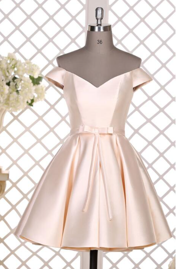 Homecoming Dresses,light Champagne Off The Shoulder Party Evening Dress, Satin Sweet Party Dresses