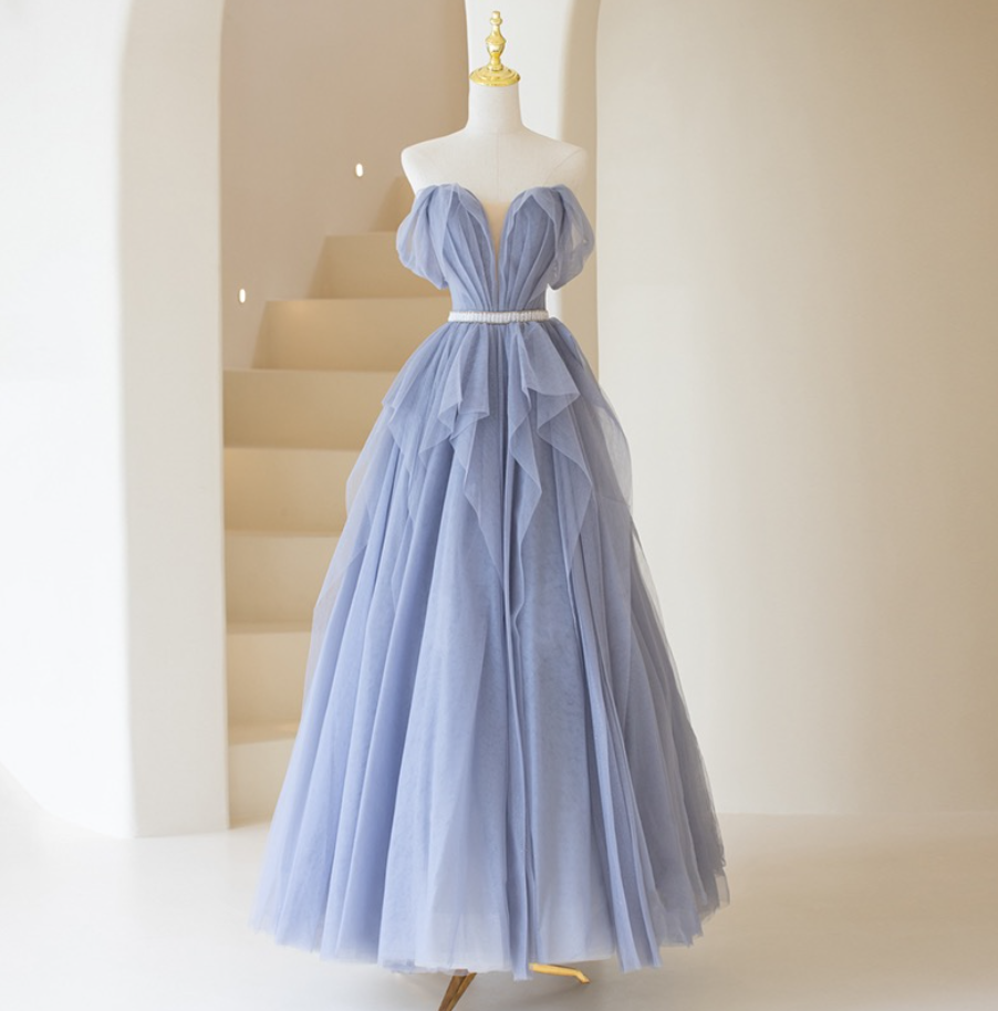 Prom Dresses,blue Tulle Strapless Evening Dresses, Blue Fairy Party Dresses