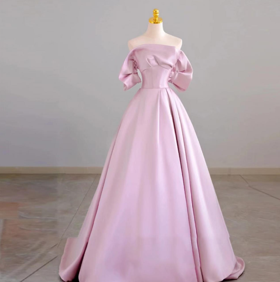 Pink Off Shoulder Lace and Satin Evening Dress, Pink Long Prom Dresss