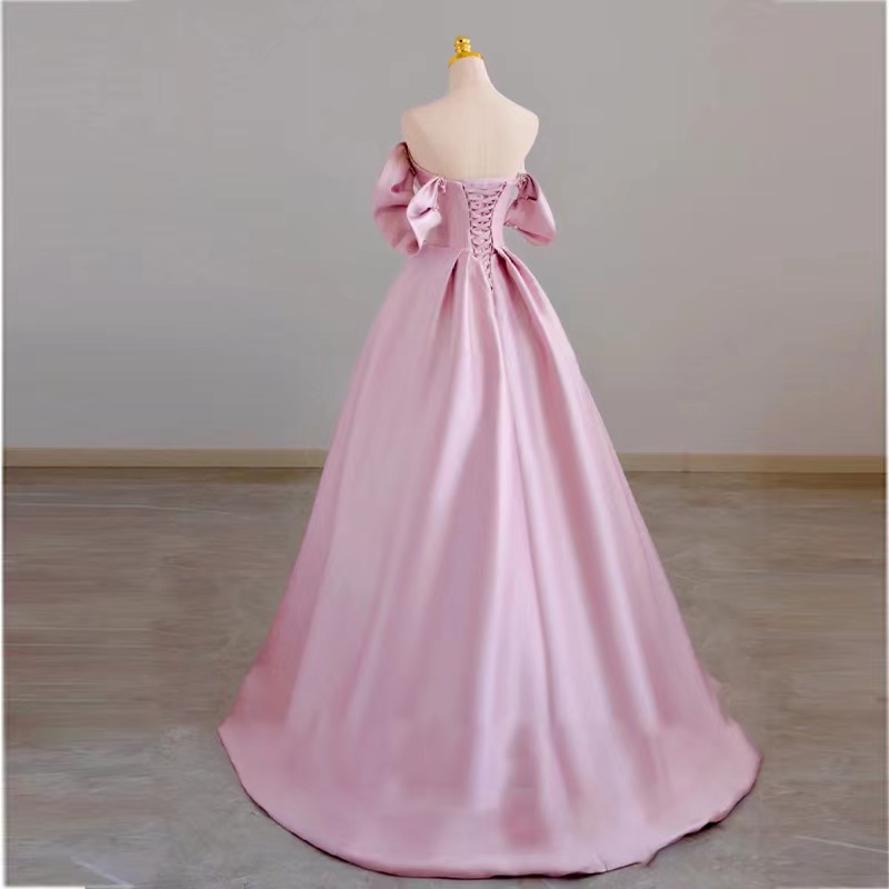 Pink Satin Off Shoulder Lace-up Party Dress, Pink Prom Dress main image 0