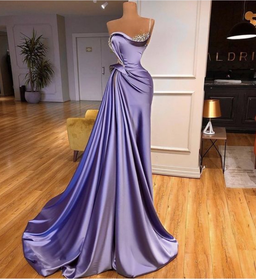 Prom Dresses,luxury Evening Gowns, Beaded Purple Satin Evening Gowns