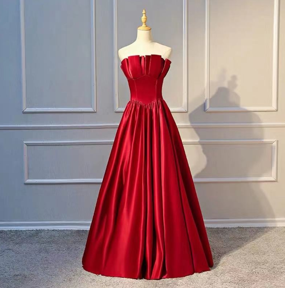 Prom Dresses,satin Red Party Dress Strapless Evening Dress Backless Long Prom Dress