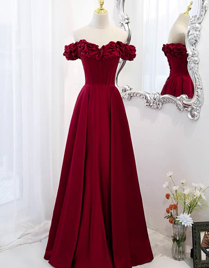 Prom Dresses,off Shoulder Evening Dress , Red Prom Dress , Satin Party Dress