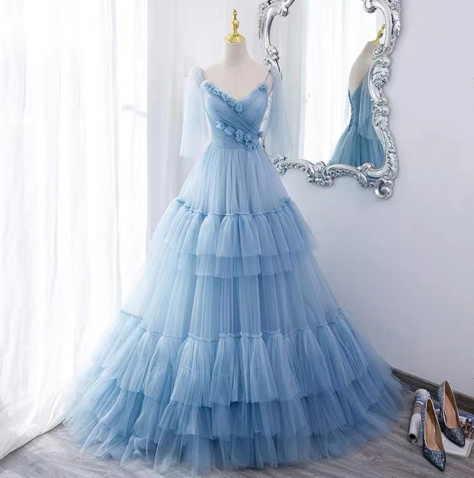 Prom Dresses,blue Evening Dress, Light Luxurious Fairy Dress Flower Party Dress