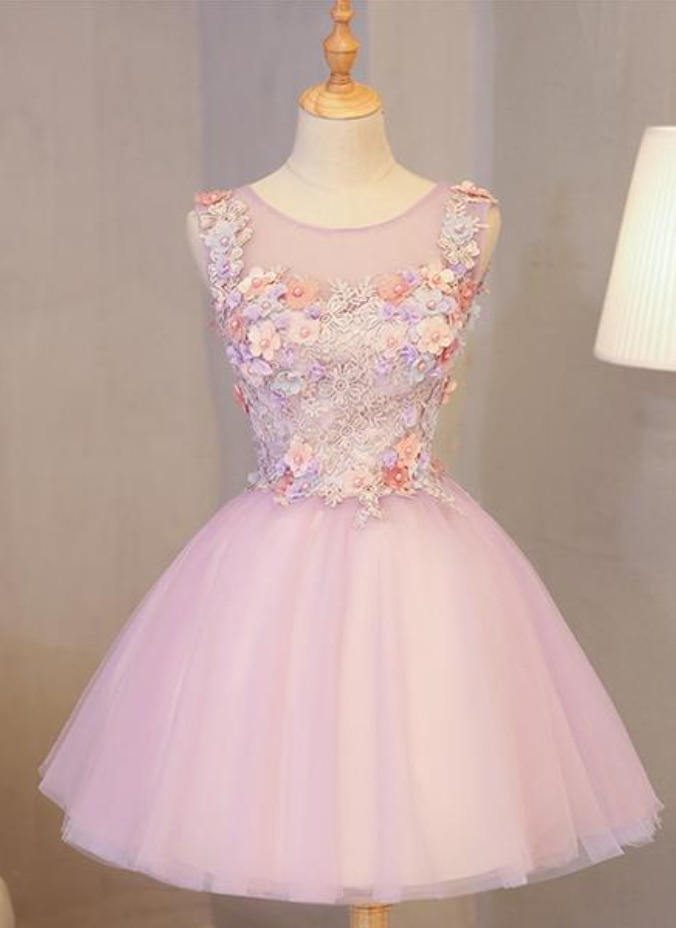 Homecoming Dresses,cute Pink Round Neckline Tulle Party Dress With Flowers