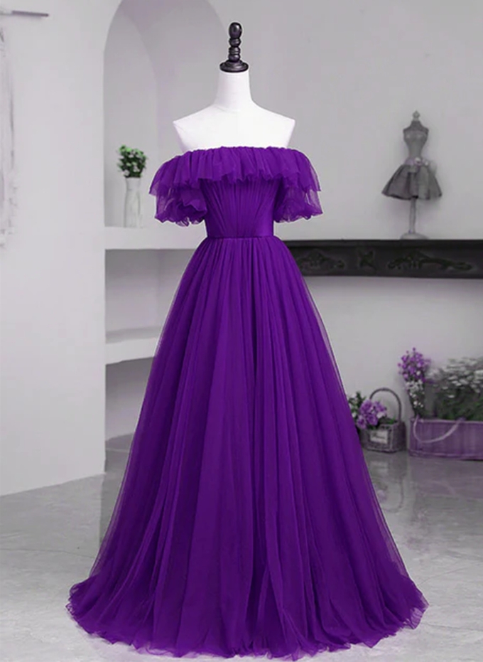 Prom Dresses,dark Purple Tulle Off Shoulder Long Party Dress A-line Purple Prom Dress
