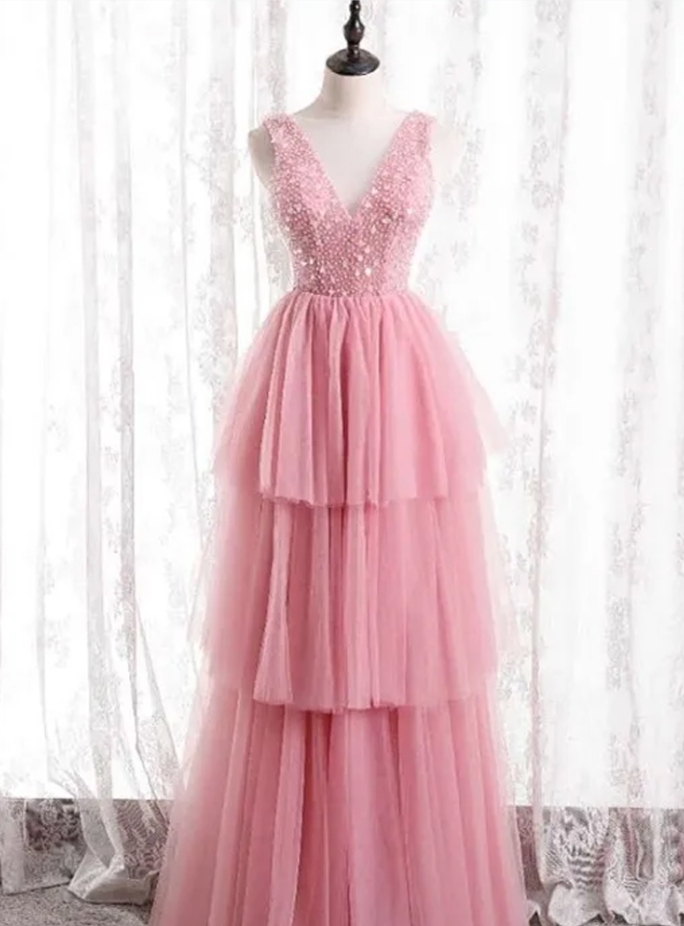 Prom Dresses,pink Party Dress,v-neck Formal Dress.princess Cake Dress