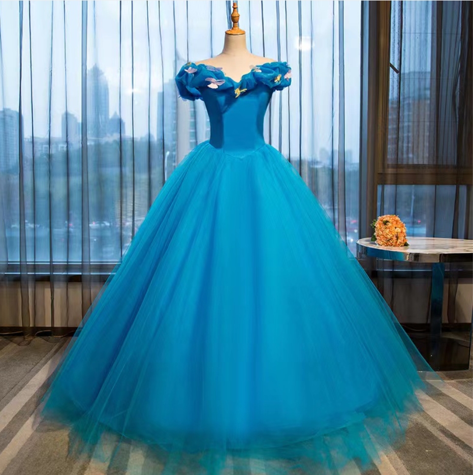 Prom Dresses,off Shoulder Prom Dress,blue Party Dress,princess Evening Dress,pretty Ball Gown Dress,handmade