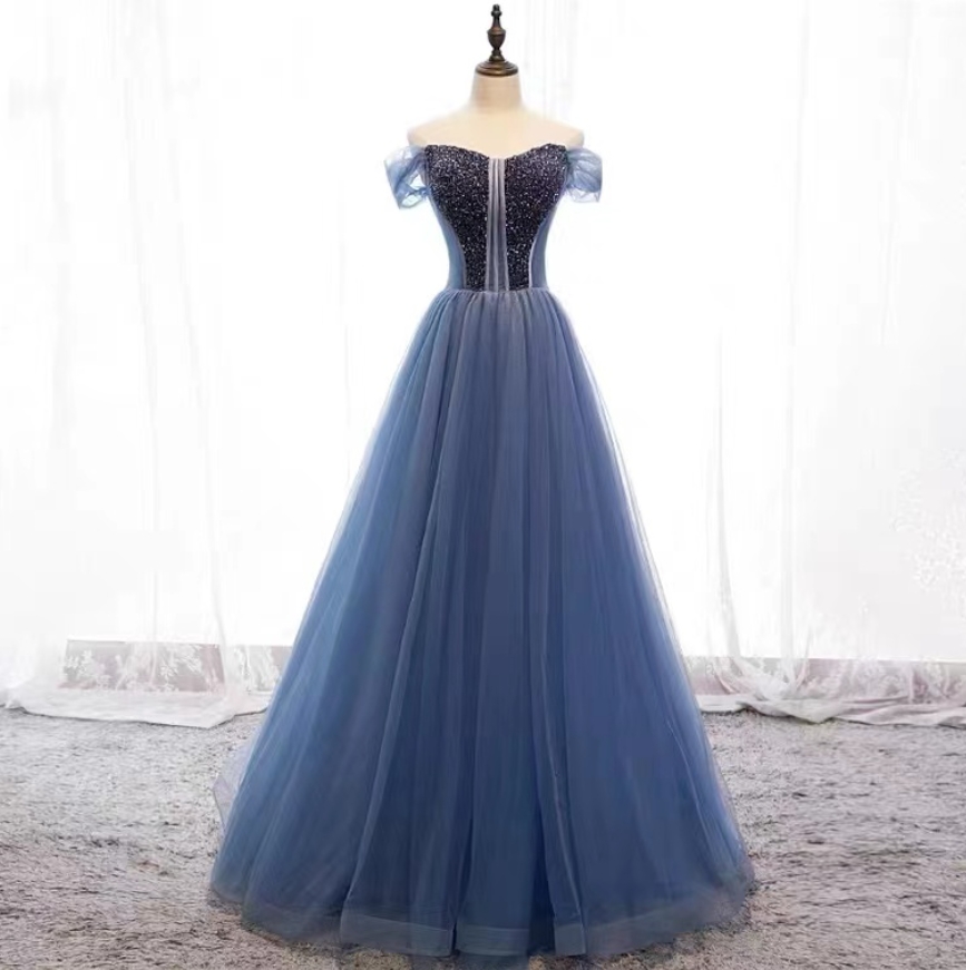 Prom Dresses,of Shoulder Prom Gown, Blue Party Dress,beaded Evening Dress