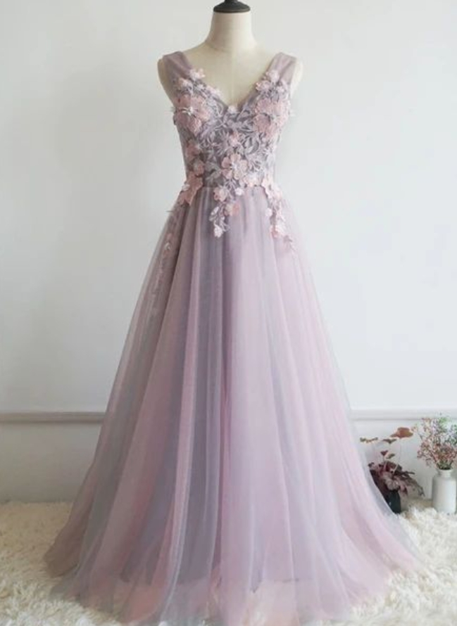 Prom Dresses,lovely Pink V-neckline Floral Lace Party Dress