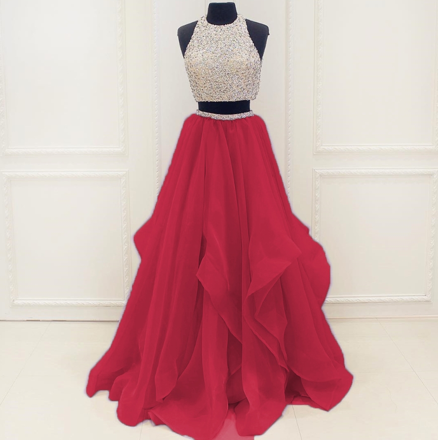 Prom Dresses,chiffon Fashion Two Pieces Beaded Deep Red Prom Dresses,straps Prom Dresses