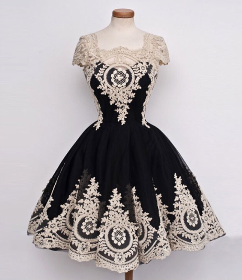 Homecoming Dresses,glamorous A-line Square Neck Black Homecoming Dress With Ivory Lace Appliques