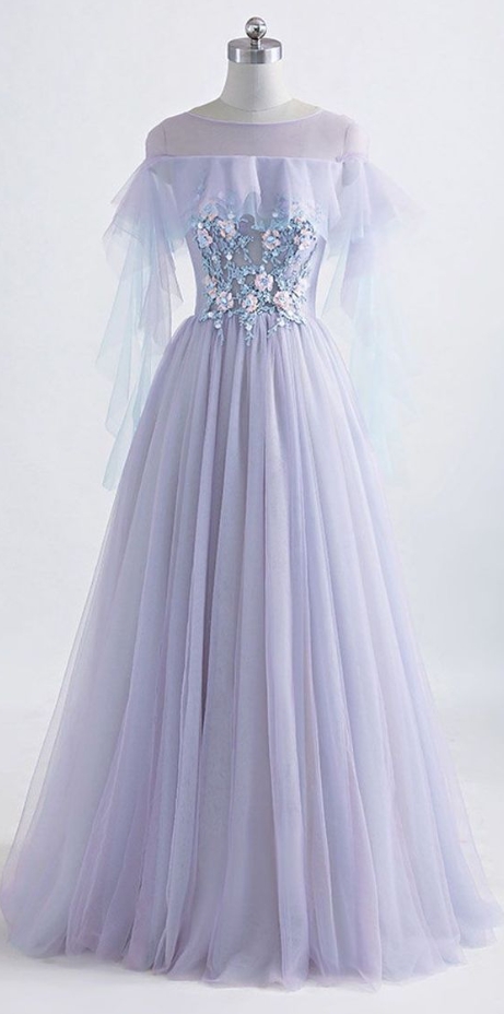 Prom Dresses,custom Made Sexy Lavender Tulle Long Prom Dress With Lace Appliqued