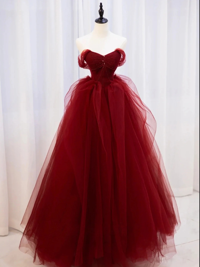 Prom Dresses,burgundy Off Shoulder Tulle Lace Long Prom Dresses