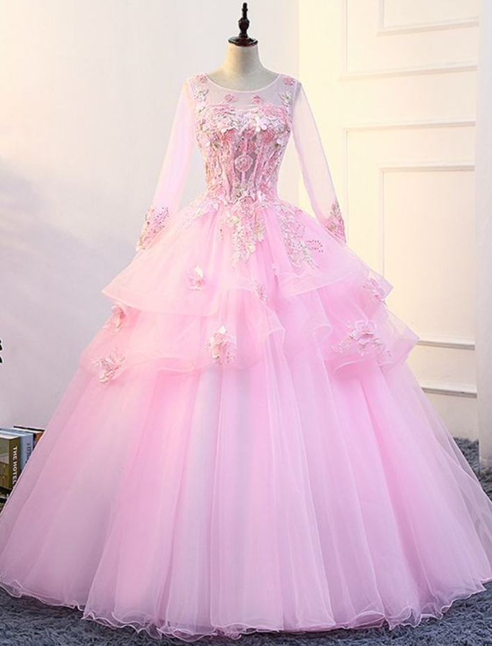 Prom Dresses,pink Long Sleeve Quinceanera Dresses