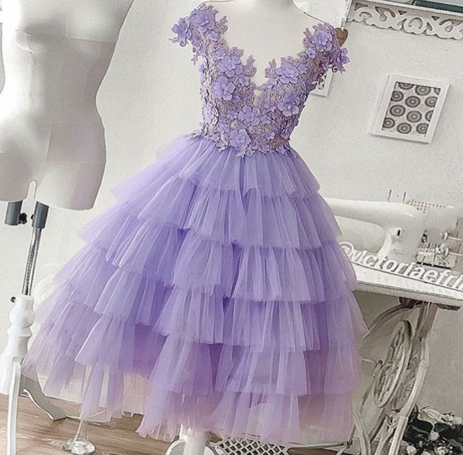 Homecoming Dresses,purple Tiered Prom Dresses Lace Applique Prom Dresses