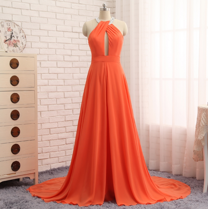 Prom Dresses,orange Hijab Evening Dresses With Hole On The Chest Halter Sleeveless Chiffon