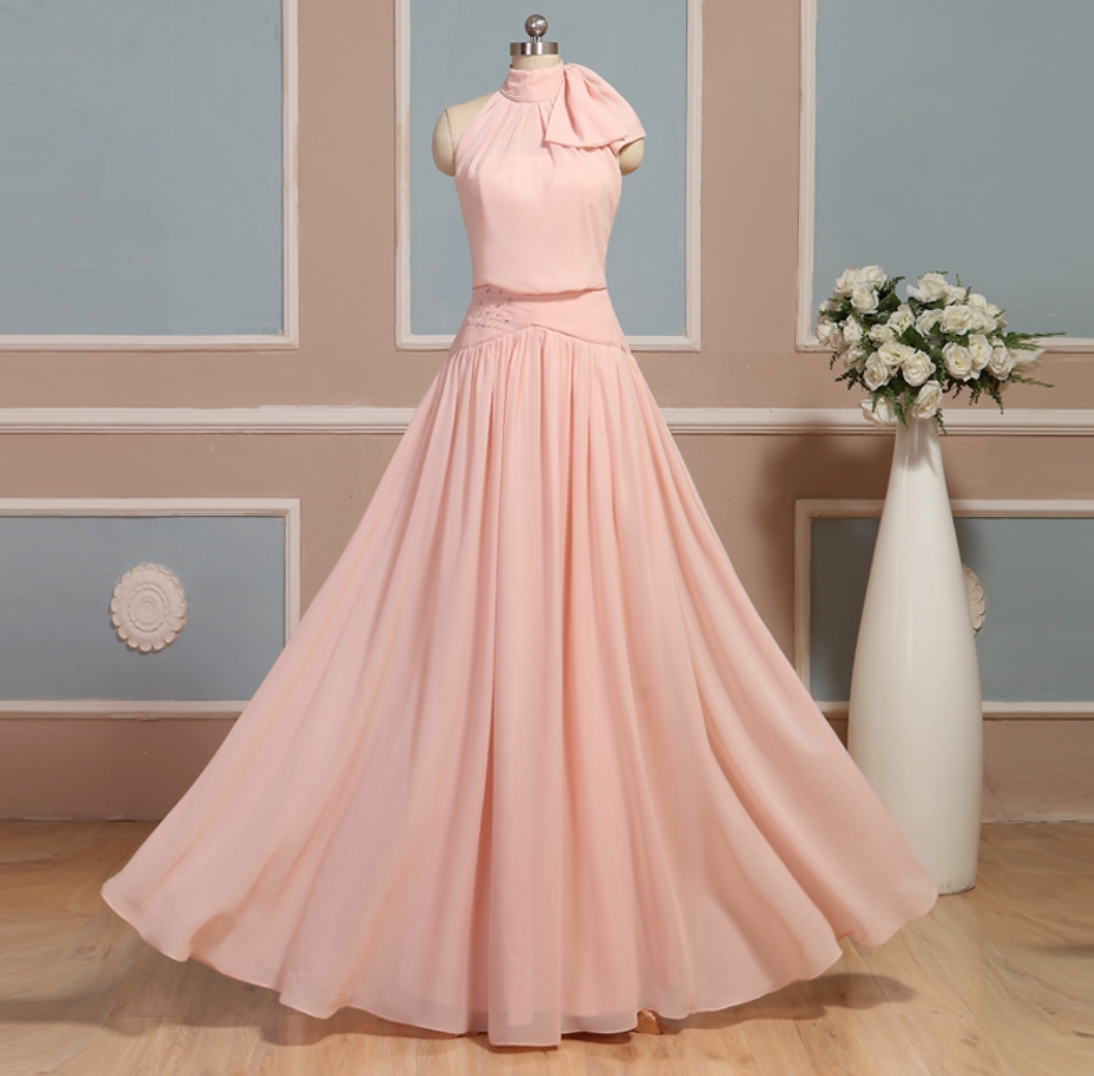 Prom Dresses,elegant Light Pink Halter Long Formal Dresses, Pink Bridesmaid Dresses