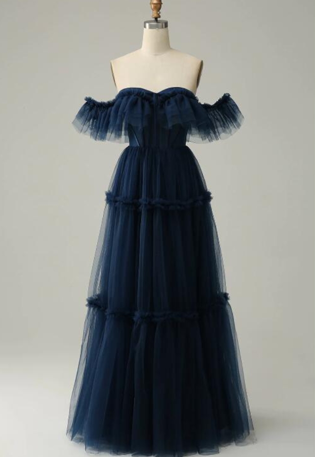Prom Dresses,a-line Off The Shoulder Sweetheart Tulle Evening Dress Navy Long Prom Dress