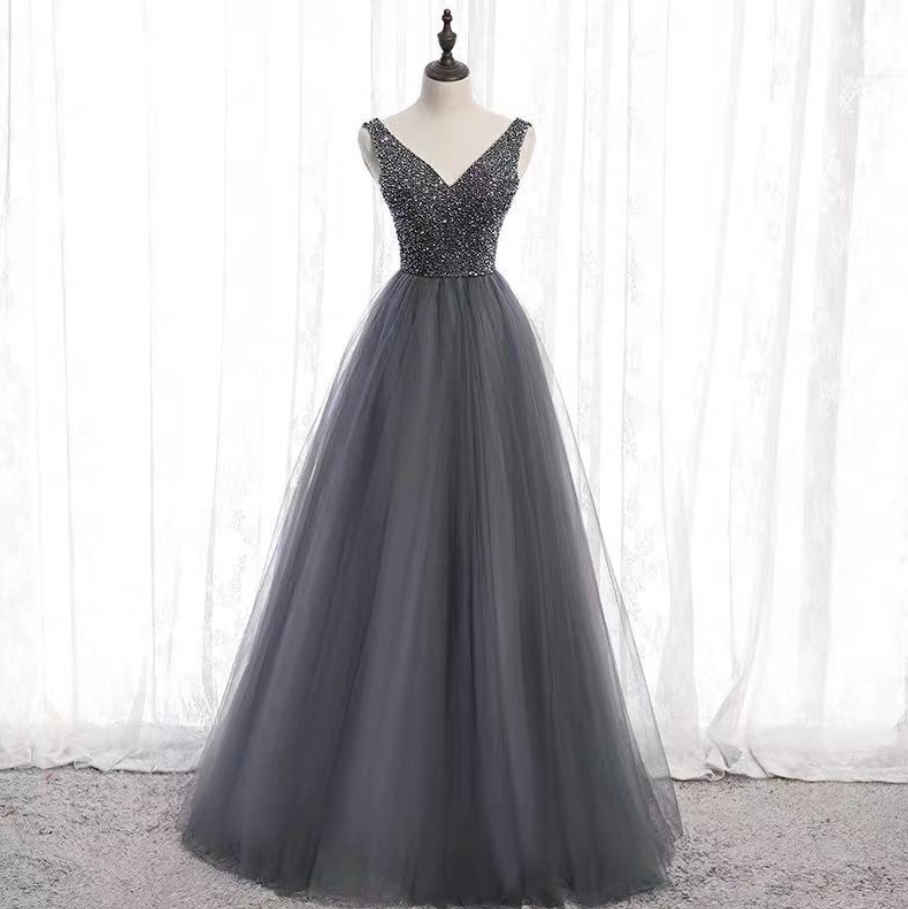 Prom Dresses,dark Grey Party Dress V Neck Evening Dress Tulle Beading Formal Dress