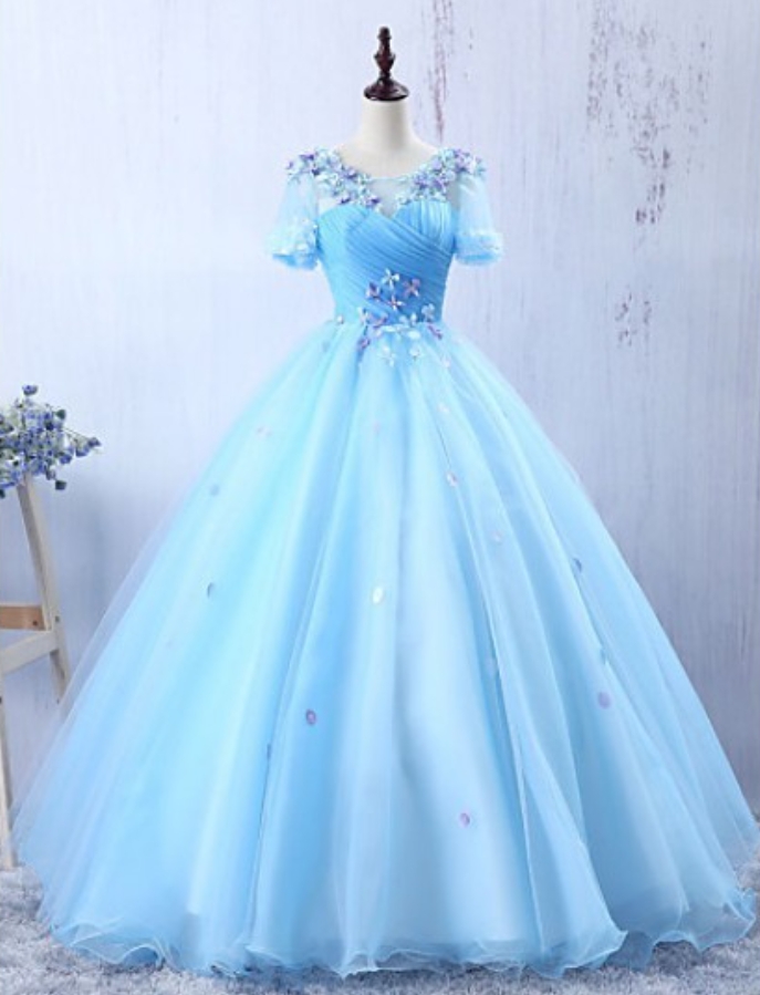Prom Dresses,light Blue Formal Evening Dress A-line Floor-length Prom Dress With Appliques