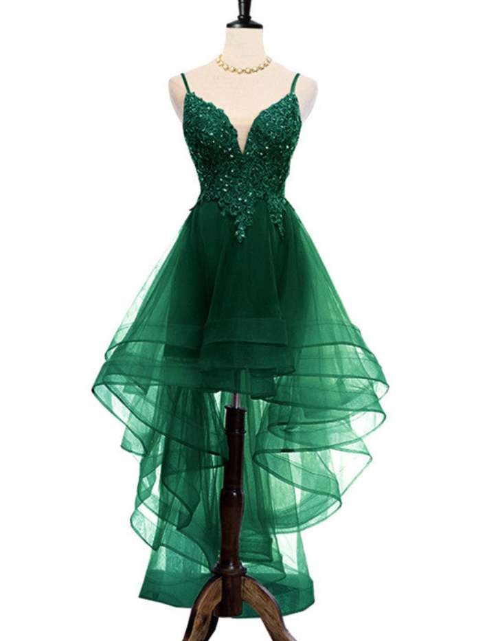 Homecoming Dresses,dark Green High Low Evening Party Dress Prom Dress V Neck Straps Homecoming Dress