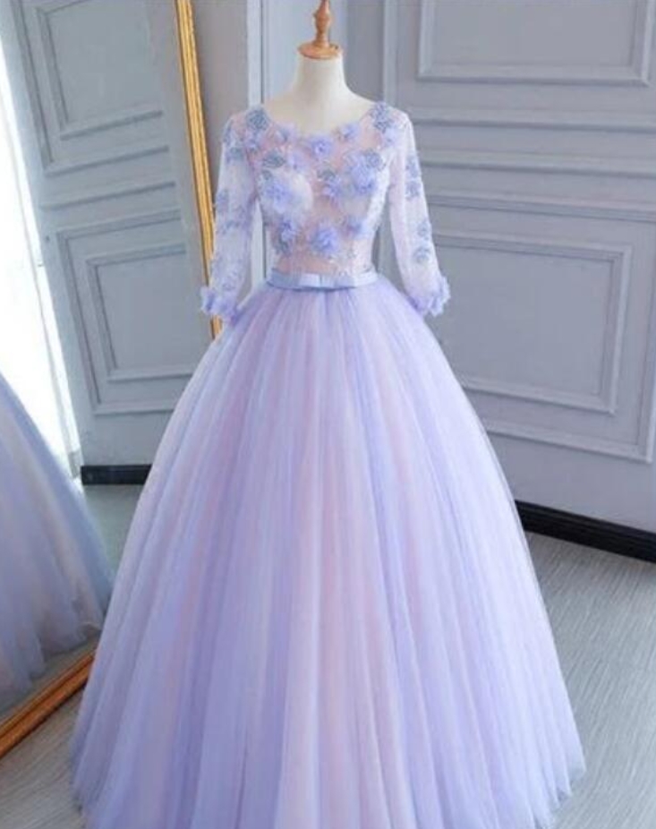 Prom Dresses,unique Lavender Tulle Mid Sleeve Long A-line Lace Appliqué Evening Dress