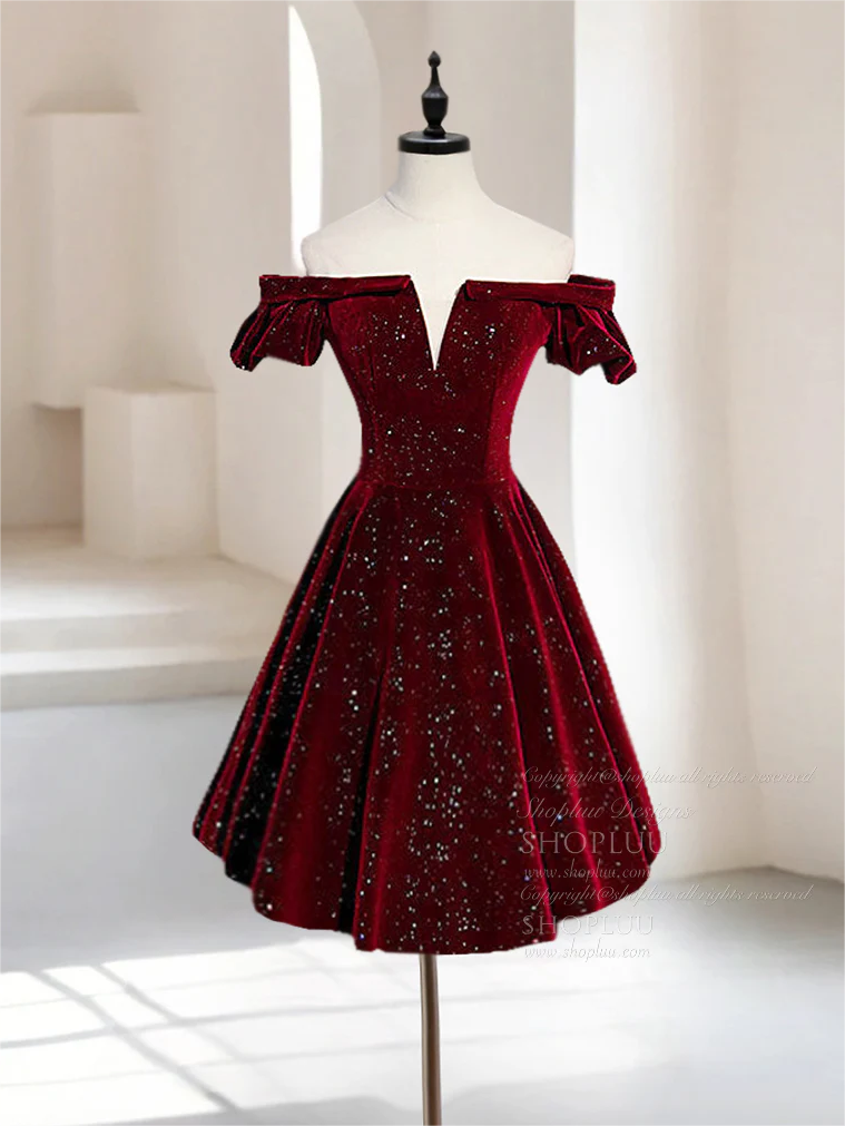 sachin and babi light blue dress Homecoming Dresses,A-Line Off Shoulder Velvet Burgundy Short Prom Dress, Burgundy Homecoming Dress