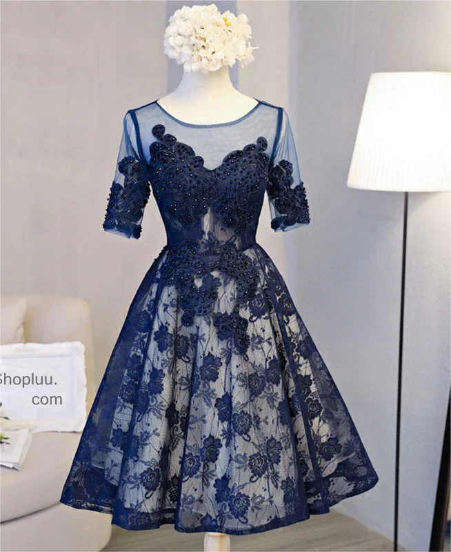 midnight blue homecoming dress Navy Lace Dresses Off the Shoulder Beaded Hoco ARD1557 and pearl buttons Short Ruffled A-Line Homecoming Dress
