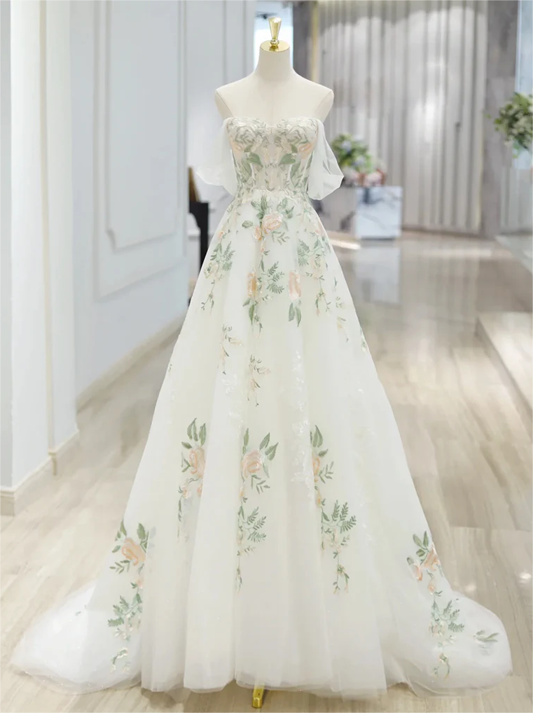 ivory color prom dress Elegant Ivory Long Prom Dress with Lace Appliques – Dreamdressy main image 1